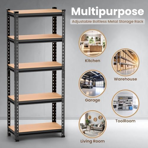 Image of 5 Tier Heavy Duty Storage Rack - Boltless Metal Shelving Unit with Adjustable Shelves, Powder Coated Steel Frame, MDF Board Shelves for Garage, Warehouse, Kitchen & Office Storage (5 Shelf)