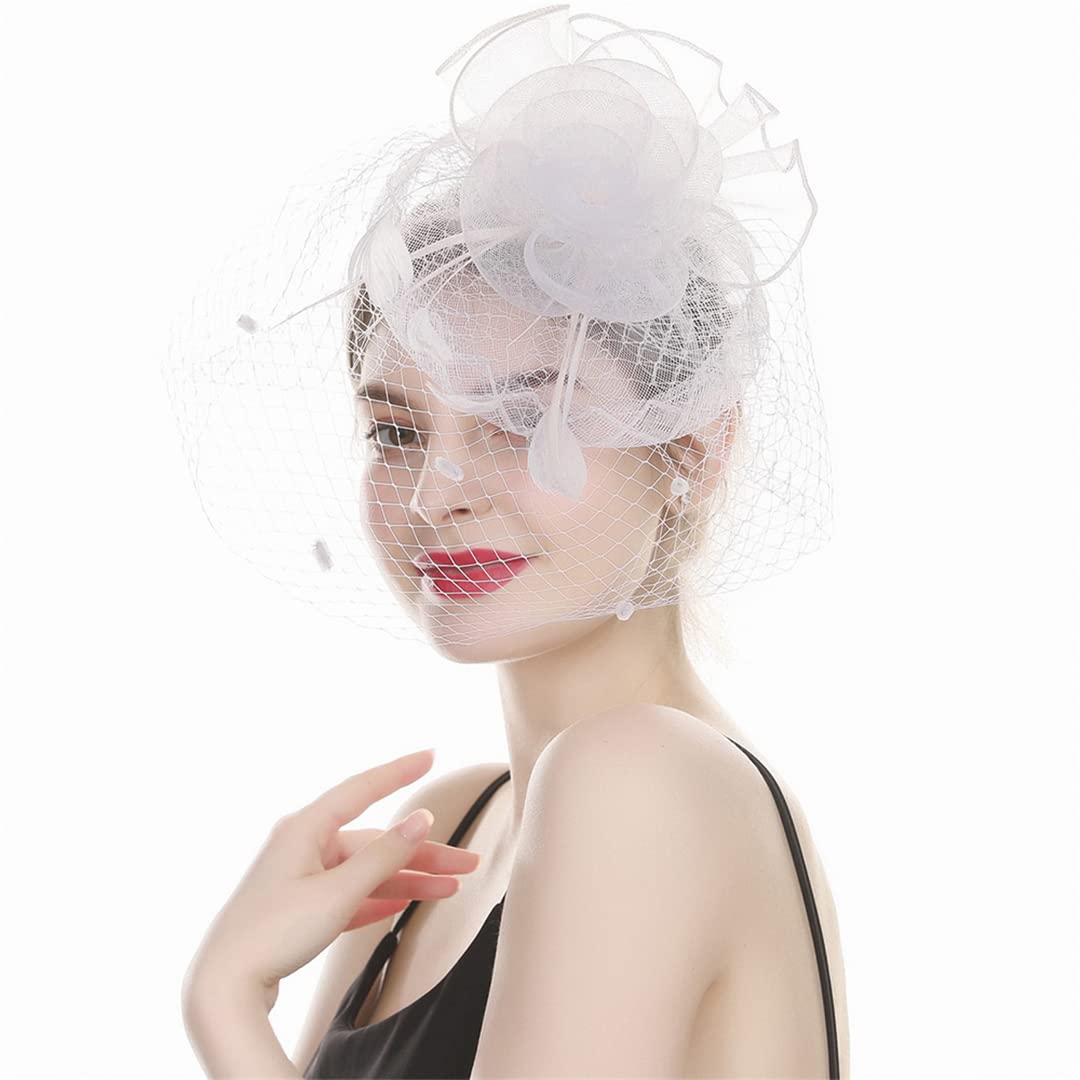 FBHappiness Mesh Flower Feather Headband Fascinator Hair Clips For Women Vintage Tea Party Hats Accessories,Feather Flower Hair Clip(White)