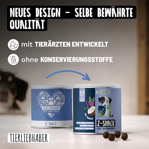 TIERLIEBHABER Z-Snack – Optimales Leckerli für die Saison – Tierärztlich entwickelt – Stärkt Hautabwehrkräfte – Kaltgepresste Belohnung mit Schwarzkümmel, Kokosöl & ätherischen Ölen – 350 g