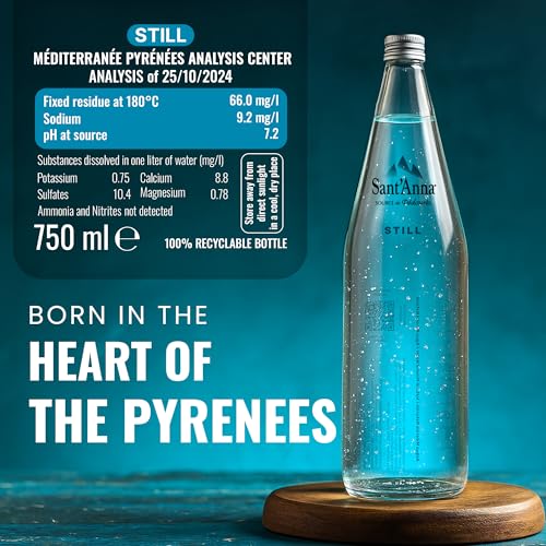 Image of Sant'Anna Still Mineral Water, 25.4 Fl Oz (6-Pack) | Pure French Pyrenees Mountain-Fresh Drinking Water | Natural Functional Drink | Sodium-Free Mineral in Glass Bottles