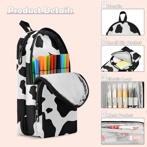 Image of Black Cow Skin Pencil Case Big Capacity Pen Bag with Compartment Students Schoolbag Shape Stationery Organizer Pencil Pouch Marker Case for School Office Work