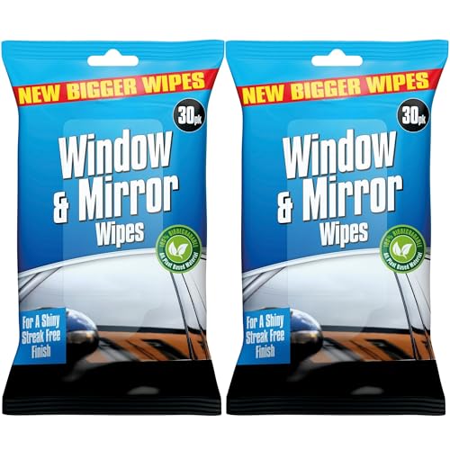 Premium Glass Wipes Car Mirror Window Car Glass Cleaner Wipes | Shiny Streak Free Cleans And Shines 2 x 30 Pack | Used on the Inside and Outside of the Car Window