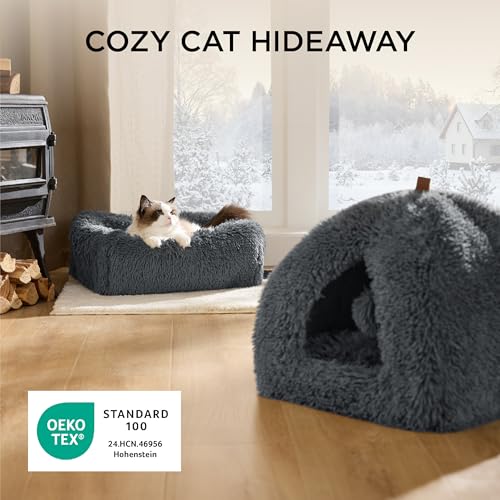 BEDSURE Katzenbett große Katzen Katzenhöhle- 40x40x40 cm Plüsch Katzenhaus Indoor mit abnehmbarem Katzenkissen und hängendem Spielzeug, Katzen Bettchen waschbar, dunkelgrau