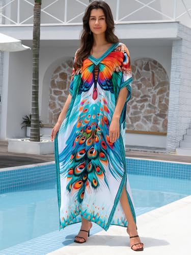 Image of KECVOT Kaftan Dresses for Women V-Neck Print Swimsuit Cover Up Plus Size Beach Caftan Lounge Dress