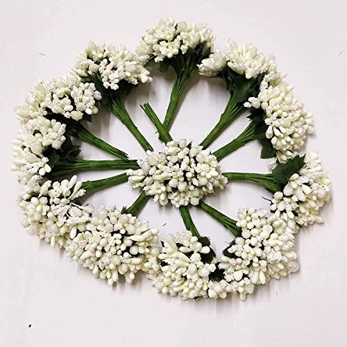 Image of Prokart Premium Pollen Flowers for Hair Accessories, Tiara Making, Jewelry Making and Dress Decoration | 8 Bunch of 12 Pollens Each | (Pack of 96 Pcs) (Off White)
