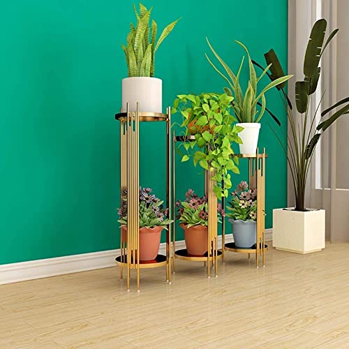 Image of Gold Metal Indoor Plant Stand, 2 Tier Floor Standing Planter Holder for Living Room, Balcony, Home Decor, Rust Resistant Iron Frame