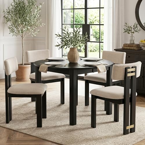 Image of HNY Modern Farmhouse Linen Dining Chairs Set of 2, Beige Fabric Upholstered Dining Room Kitchen Chairs with Black Wood Frame & Curved-Back, Armless Accent Wood Chairs for Dining Living Room