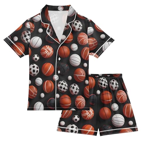 ALAZA Sport Soccer Basketball Black Satin Pajamas Set Short Sleeve Button Down Sleepwear Summer Pjs 2 Piece