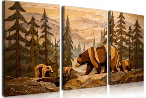 Image of Frimeeme 3-Piece Framed Rustic Forest Bear Canvas Wall Art,16x24 Inch | Woodland Cabin Decor, for Cabin, Farmhouse, Living Room, Bathroom,Ready To Hang