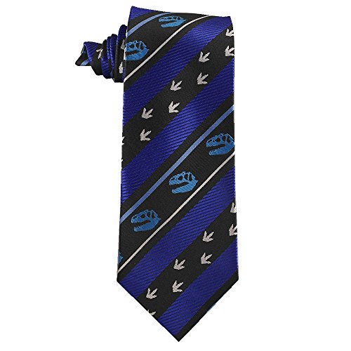 Allosaurus Dinosaur Lover Necktie with Dinosaur Skull and Fossil Tracks Stripe Tie (Royal Blue and Black)