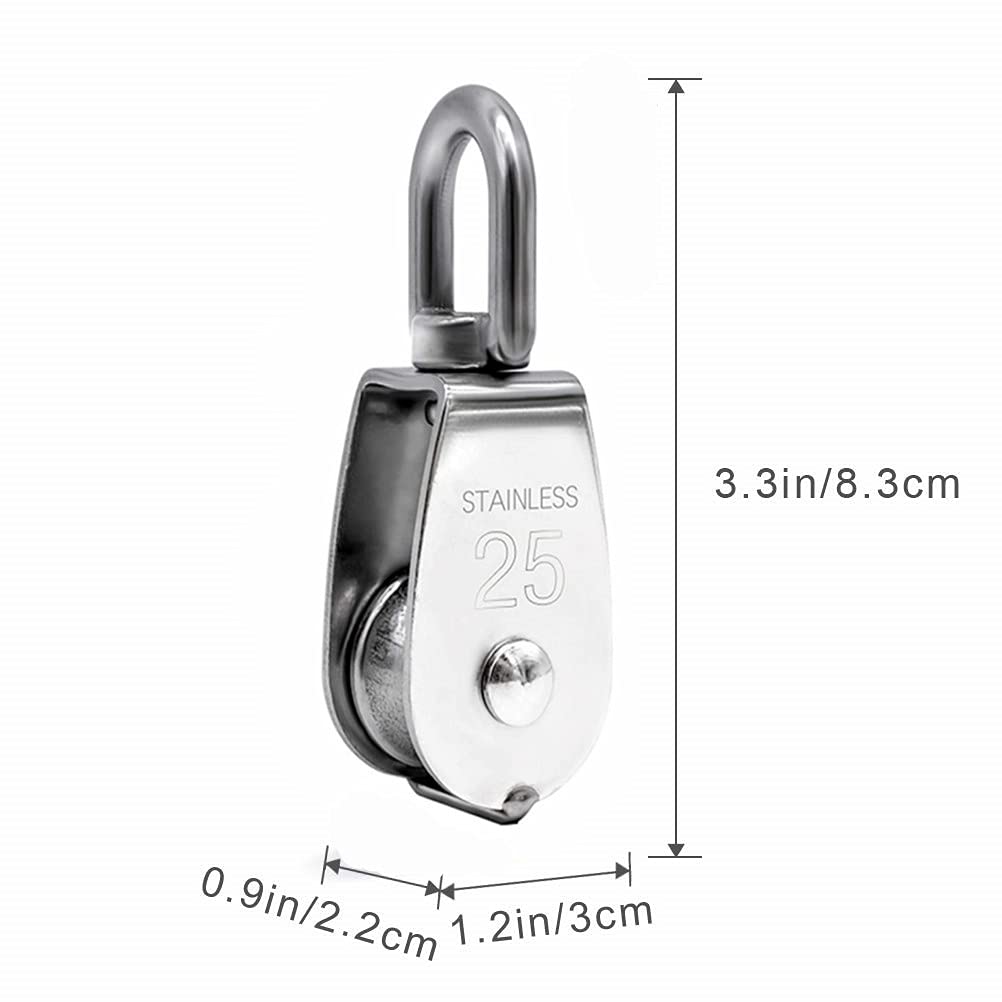25MM Umlenkrolle, Flaschenzug Einzelsatz in Edelstahl 304, Schalen Riemenscheibe Roller für Seile, Tragkraft 150kg - 2Pack