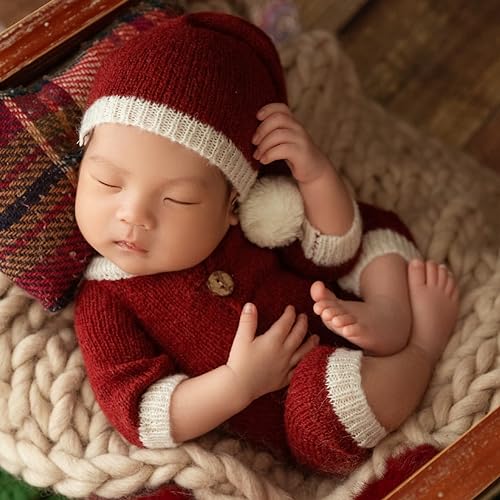 Image of Ylsteed Christmas Newborn Unisex Outfit: Mohair Fabric Rompers & Hat Set - Skin-Friendly, High Elasticity, Lightweight, Machine Wash, 0-2 Months