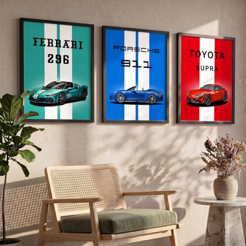 Image of HOTHOUSE Big Ferrari 296, Porsche 911, Toyota Cars Framed Posters Gift Items for Boys Room Wall Decoration Bedroom Living Room Office Studio Decor | Set Of 3 Size (19 X 25 inch)