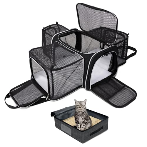 BAGLHER Expandable Cat Carrier with Travel Litter Box, Pet Travel 5 Sides Open Doors 3 Sides, Leak-Proof and Collapsible, for Car, Airplane Trip, Black