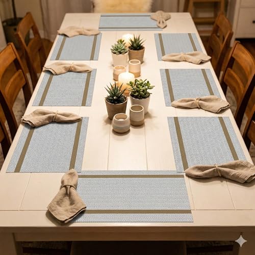 Image of YELONA Placemats Set of 8, Heat-Resistant Woven Vinyl Table Mats, Non-Slip & Washable Dining Tablemats for Kitchen & Dinner Decor, Beige & Gold (45cm x 30cm)