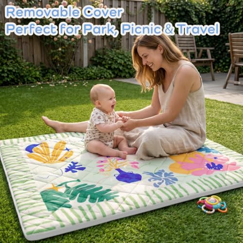 Image of 1.6 inch Thick Baby Play Mat, 71x59 Removable & Machine Washable Cover | Padded Memory Foam, Non-Slip Backing, 100% Baby-Safe Materials, Tummy Time Crawling, Outdoor, Bedroom, Living Room, Nursery