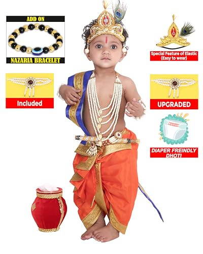 Image of Raj Fancy Dresses Shri Krishna Dress for Baby Boy & Girl, Janmashtmi Dress with Diaper-friendly Dhoti & Dupatta, Mor Pankh Mukut