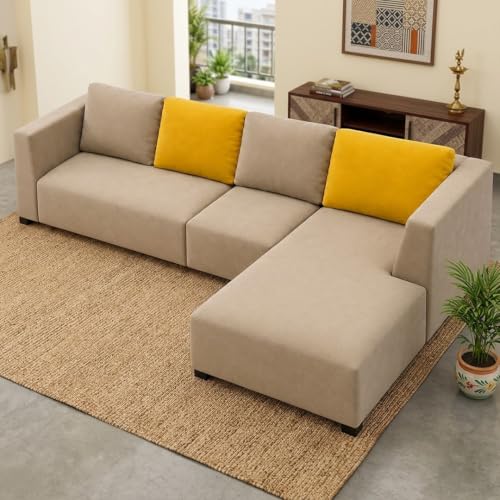 Image of FURNY Olympus 6 Seater RHS L Shape Sofa Set | Plush Velvet Suede Fabric | Modern Design | Soft Comfort Dual Color Cushions for Living Room, Office & Hotels (Beige-Yellow)