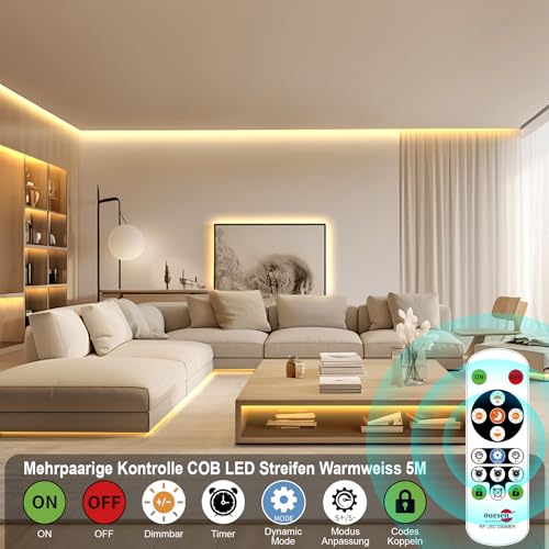 Öuesen COB LED Streifen Warmweiss 5M, Led Strip Dimmbar 24V, 3000K, Lichtband LED Selbstklebend, IP44 Wasserdicht, Band mit Fernbedienung, Lichtleiste für TV, Küche, Wohnzimmer, DIY Indoor Outdoor