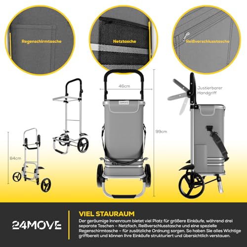 24MOVE® Einkaufstrolley Vehlo klappbar mit 55L inkl. Kühlfach, Faltbarer 3in1 Trolley - Sackkarre und Tasche, bis 40kg belastbar, grau – Ansicht 6