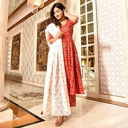 Image of GoSriKi Women's Cotton Anarkali Kurta with Palazzo & Dupatta (India-RED)