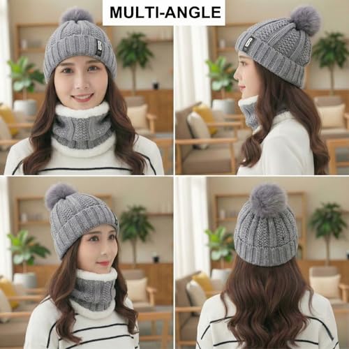 Image of Kraptick Women's Winter Beanie Cap and Scarf Set with Soft Fleece Lining, Thick Cable Knit Woolen Cap for Ladies & Neck Warmer for Extreme Cold Stylish Pom Pom Hat & Scarf Set -7
