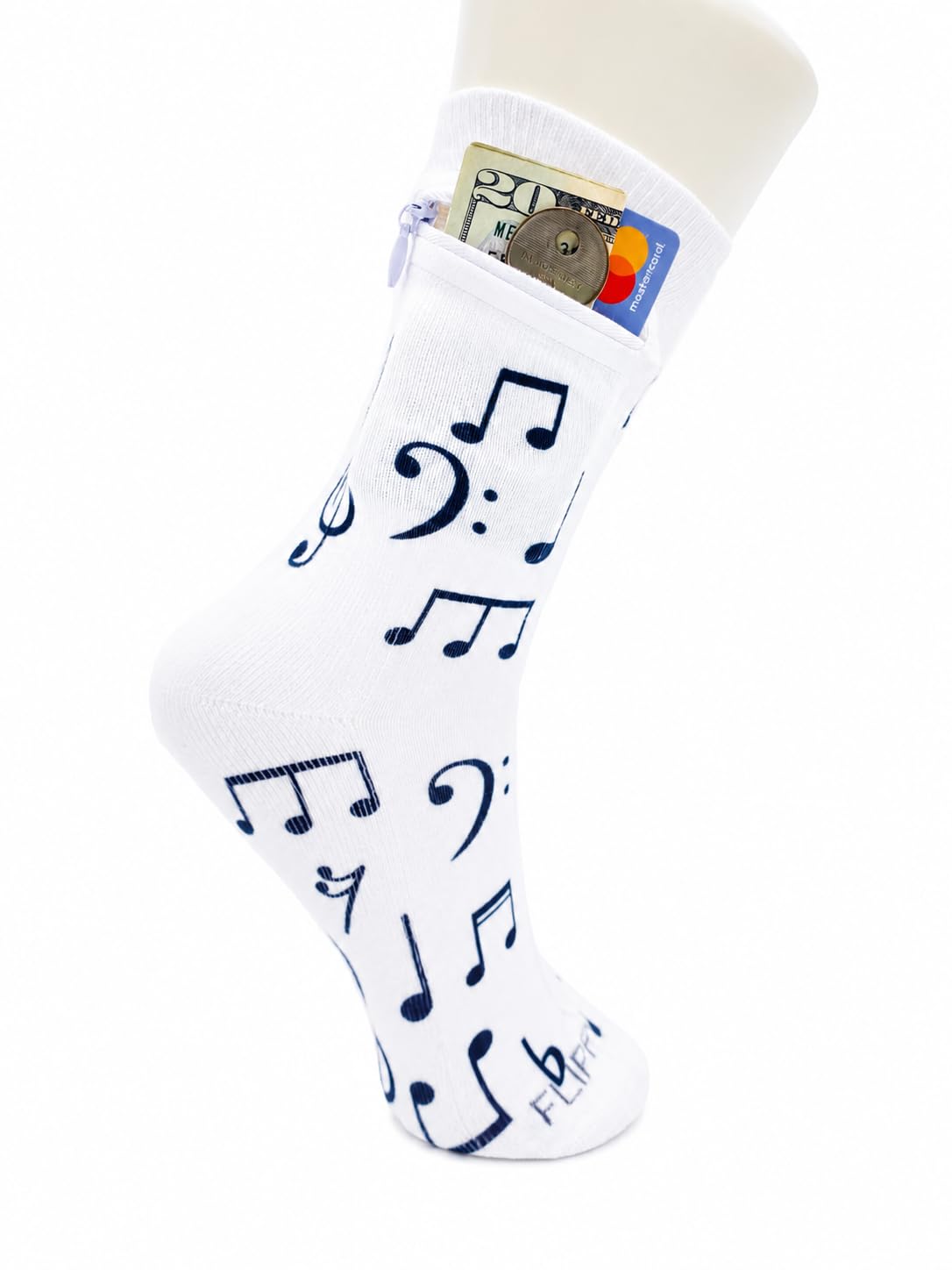Zipper Sock Wallet - Cotton &amp; Polyester Zipper Socks with Pockets - Fits shoe size 6-13