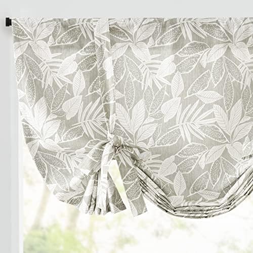JINCHAN Tie Up Valance Curtain Leaf Printed Gray Linen Valance for Window Adjustable Valance 45 Inch Farmhouse Window Treatment for Kitchen Living Room Light Filtering Rod Pocket 1 Panel Grey on White