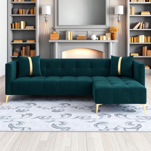 Image of Furny Styling 4 Seater Fabric RHS L Shape Sofa Set (Greenish Teal) | Soft Velvet Fabric | Modern Design | Comfortable Seating | Living Room Furniture
