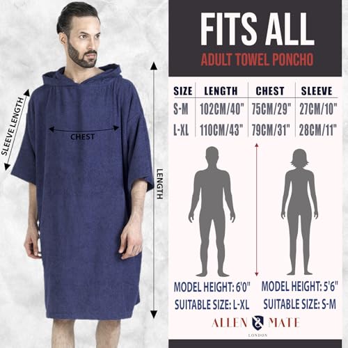 Image of ALLEN & MATE 100% Cotton Hooded Surf Poncho Changing Robe - Quick Absorbent Changing Towel with Pocket for Surfing Men Women