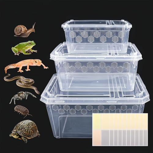 Dmnnlp 3Pcs Reptile Feeding Box Set 3-Size Plastic Reptile Critter Keeper with Tags for Isopods Snails Sling Geckos Frog Spiders Turtles Scorpion Serpents Tarantulas and Breeding Worms(Clear)
