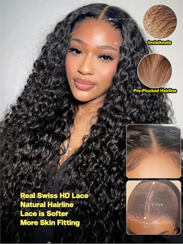 Image of Sunber Water Wave Human Hair Glueless Wigs with 4C Kinky Edge Drawstring Bye Bye Knots Human Hair Wig Pre Cut 7x5 HD Lace Put On Go Pre Plucked Pre Bleached Invisible Knots 22Inch