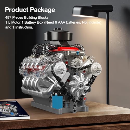 Image of Mould King 10171 V8 Engine Model Kit that Works, 8 Cylinder Car Engine with Motor, Building Blocks Collectibles for Adults, STEM Build Set (487 Pieces)