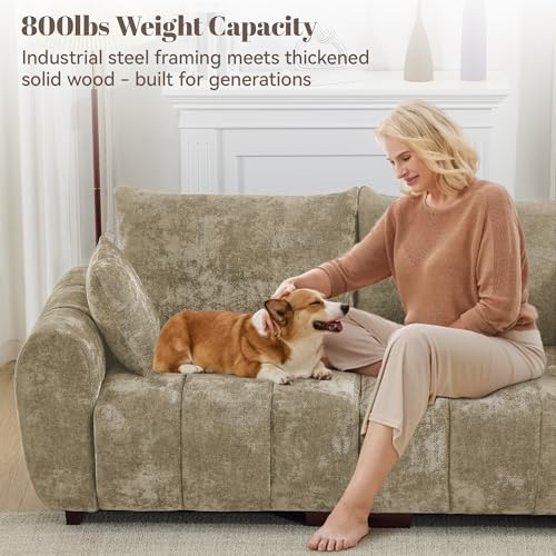 Image of 81.5 inch Chenille Love Seat Sofa, 2 Seater Modular Sectional Couch with Deep Seat, Solid Wood Legs, Cloud Couch for Bedroom, Living Room, Mid Century Modern Loveseat, Tufted Sofa, Brown