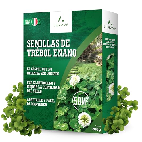 LERAVA® Semillas Trebol - Blanco Enano [200g] - 50m² Fija el Nitrógeno, Mejora la Fertilidad del Suelo - Ideal para Césped y Jardines - Siembra Fácil, Floración Blanca, Resistente a la Sombra Moderada