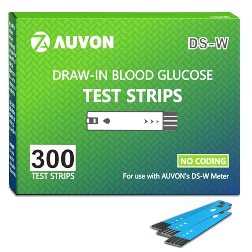 AUVON DS-W Draw-in Blood Glucose Test Strips for use with AUVON DS-W Diabetes Sugar Testing Meter (No Coding Required 300 Count)