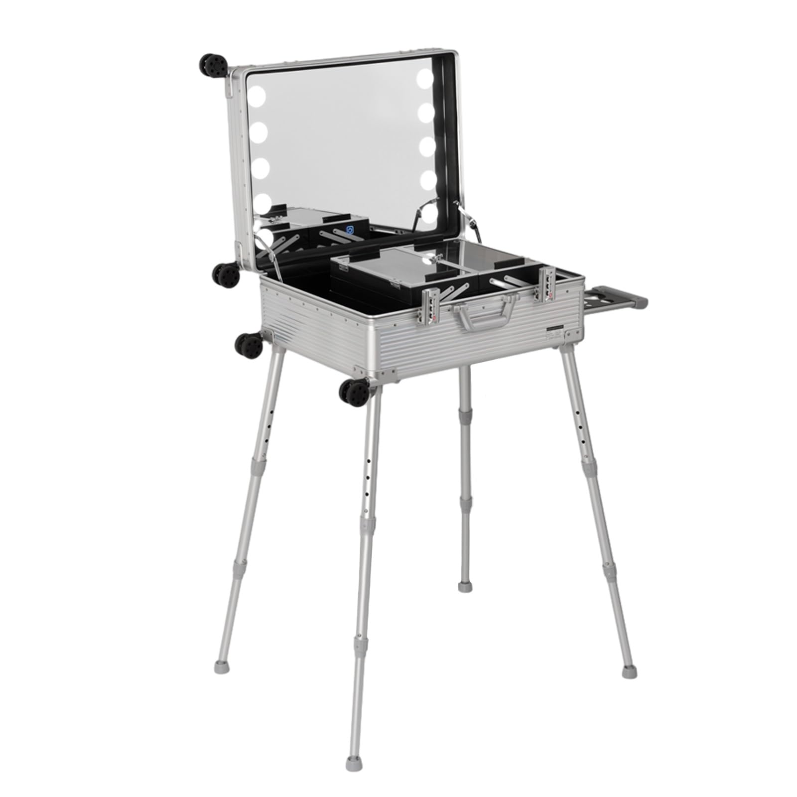 Extragroßer Schminkkoffer aus Aluminium mit Trolley und integrierten LED-Leuchten, professionelles Kosmetik-Organizer-Studio mit Ständer, rollender beleuchteter Schminktisch, Reise-Kosmetikkoffer (S