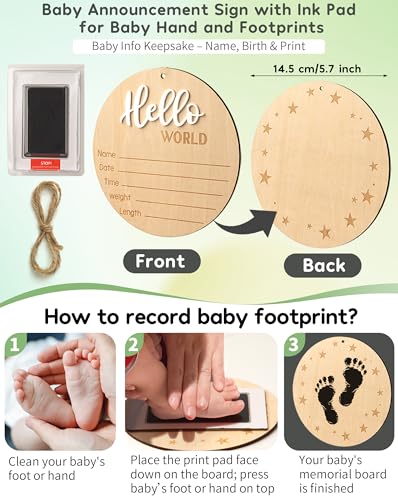 2Pk Newborn Baby Knotted Gowns, Soft Sleeper Coming Home Outfit with Hello World Announcement Sign & Ink Pad for Baby Birth4