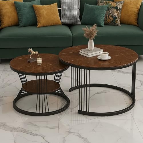 Image of The Round Coffee Table and The Stacking Tea Table with a Gold Metal Frame are Two Versatile Modern Center Tables That Look Great in Living Rooms (Black Brown)