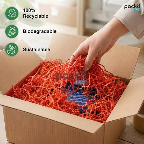 Image of Pack8neo Shredded Paper Cutting For Giftpacking, Hampers, Gift Baskets & Boxes, 5kg | Sustainable grass paper, Crinkle Cut filler, Gift Packaging Protection & Recyclable decoration material, Red