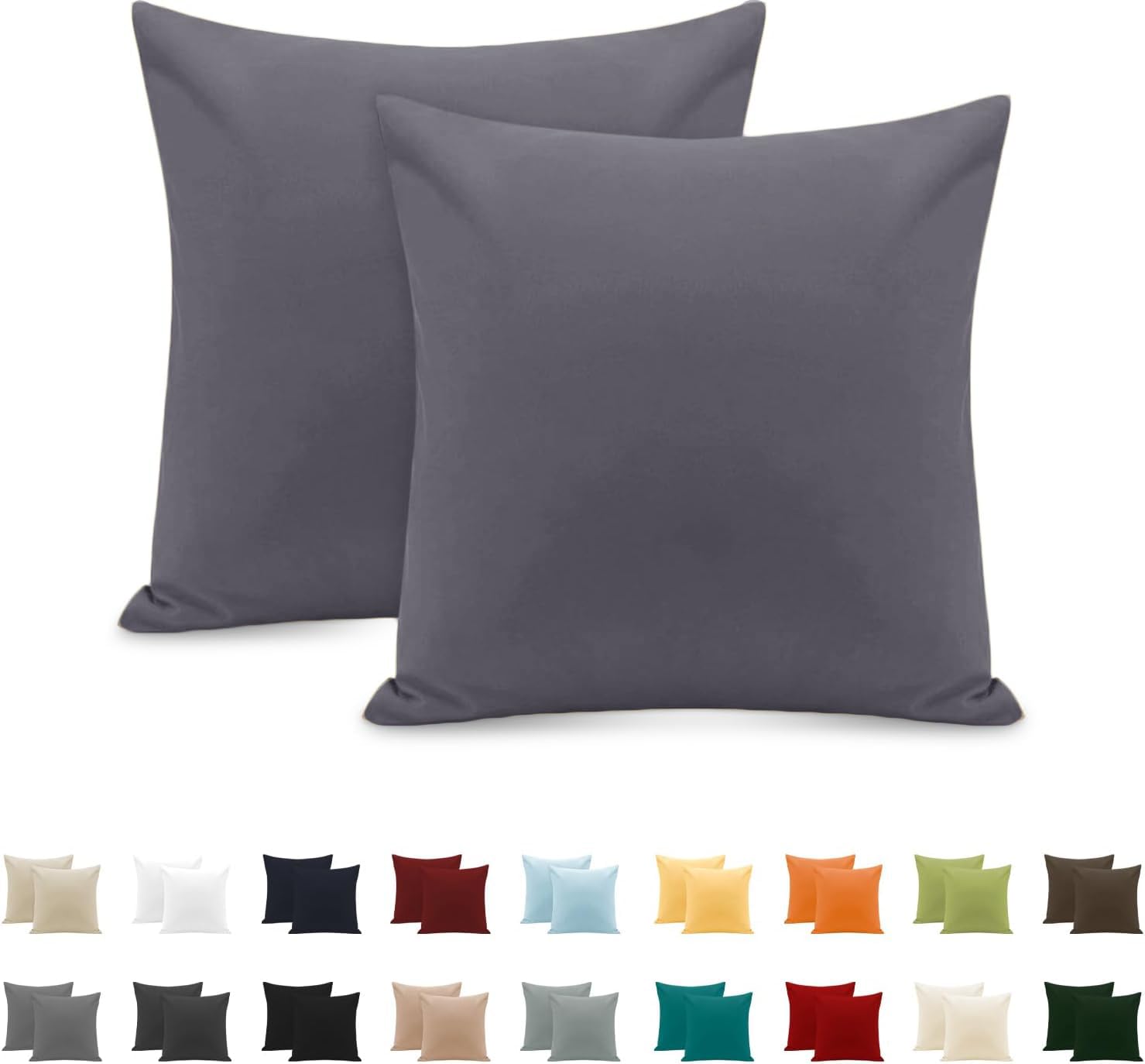 Pillow Cases 2 Pack 65x65 cm, Pillowcases in 100% Pure Cotton,Envelope Closure, Plain Colour Dark gray