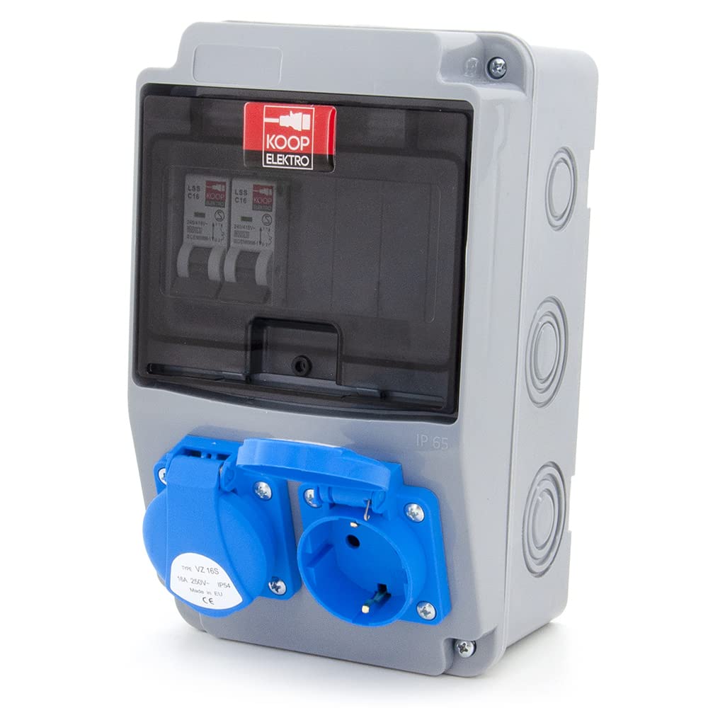 Distributore di corrente da costruzione cablato con fusibili e prese Schuko 2 x 230 V + 2 interruttori di circuito C16 1 polo, IP54, per interni ed esterni