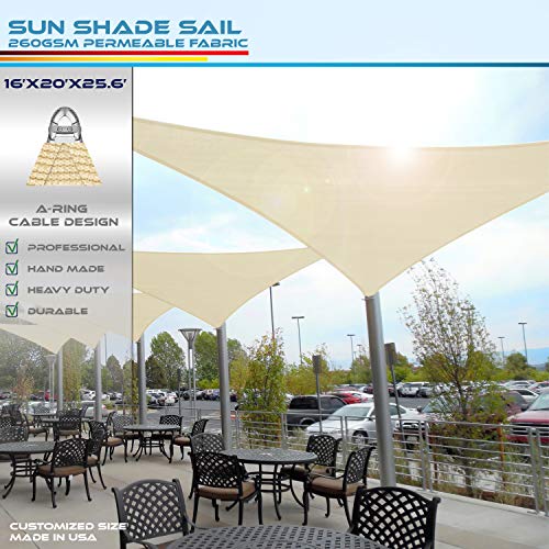 Windscreen4less A-Ring Reinforcement Sun Shade Sail 16' x 20' x 25.6' Right Triangle Super Heavy Duty Strengthen Durable(260GSM)-Galvanized Cable Enhanced-Sand -Customized