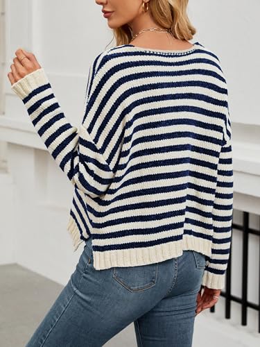 Image of V Neck Sweaters for Women Striped Oversized Pullover Sweaters Drop-Shoulder Side Slit Loose Knit Jumper Tops