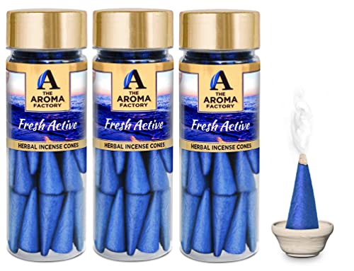 Image of The Aroma Factory Incense Dhoop Cone for Puja, Fresh Active (100% Herbal & 0% Charcoal) 3 Bottles x 30 Cones
