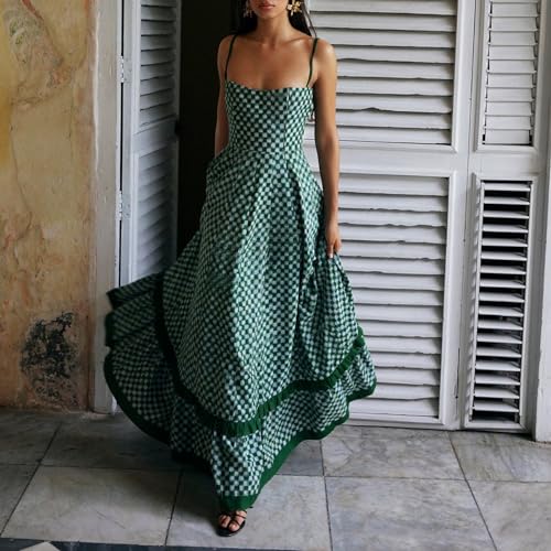 Women Long Beach Dress Sleeveless Spaghetti Strap Checkerboard Print Flowy Dress Midi Slip Dress4