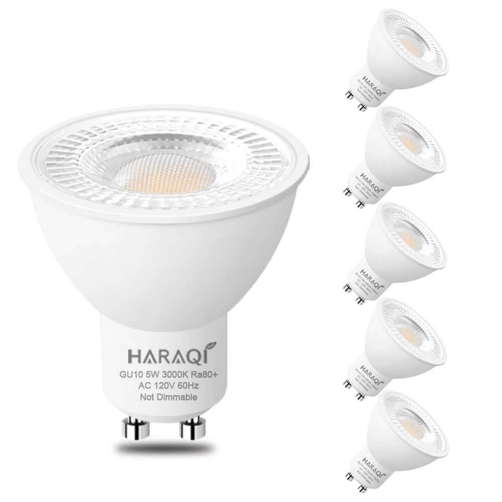 haraqi 6 Pack GU10 120V 5W LED Bulb, 400LM 3000K Soft Warm Light, 50W Equivalent Reflector Flood Replacement Light Bulbs for Kitchen Hood, Ceiling Fan