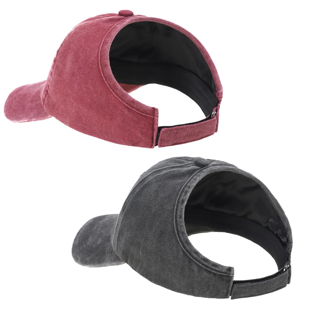 Degfey Women's Backless Baseball Caps for Curly Hair, Satin Lined, 2 Pack, Black+Wine Red, M