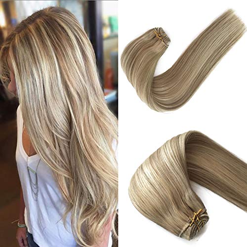 Sew in Human Hair Weave Bundles Real Remy Hair Sew in Weft Hair Extensions Seamless Double Weft Full Head Thick From Top to End Silky Straight Beige Blonde with Platinum Blonde Highlights 100g 18 Inch
