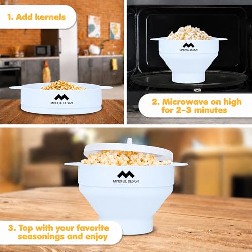 Image of The Original Mindful Design Collapsible Microwave Popcorn Popper - Silicone Bowl, BPA-Free & Dishwasher Safe (White)